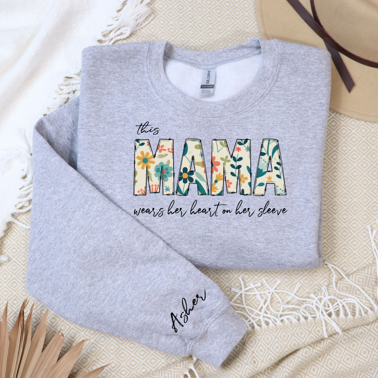 This Mama Wears Her Heart on Her Sleeve Personalied crew neck sweatshirt