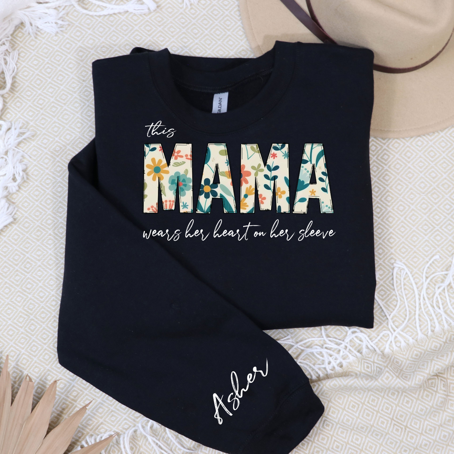 This Mama Wears Her Heart on Her Sleeve Personalied crew neck sweatshirt