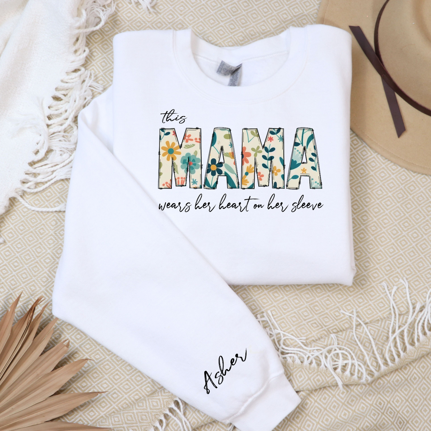 This Mama Wears Her Heart on Her Sleeve Personalied crew neck sweatshirt