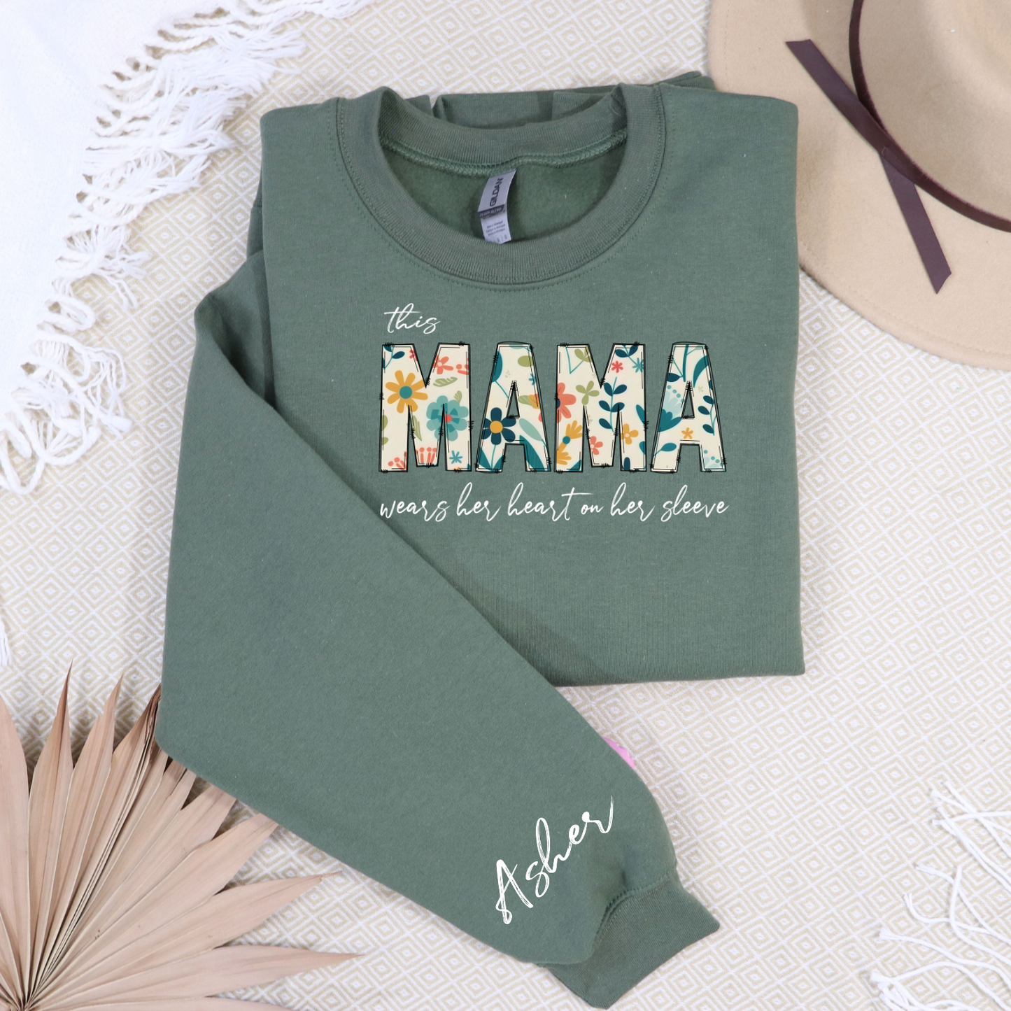 This Mama Wears Her Heart on Her Sleeve Personalied crew neck sweatshirt