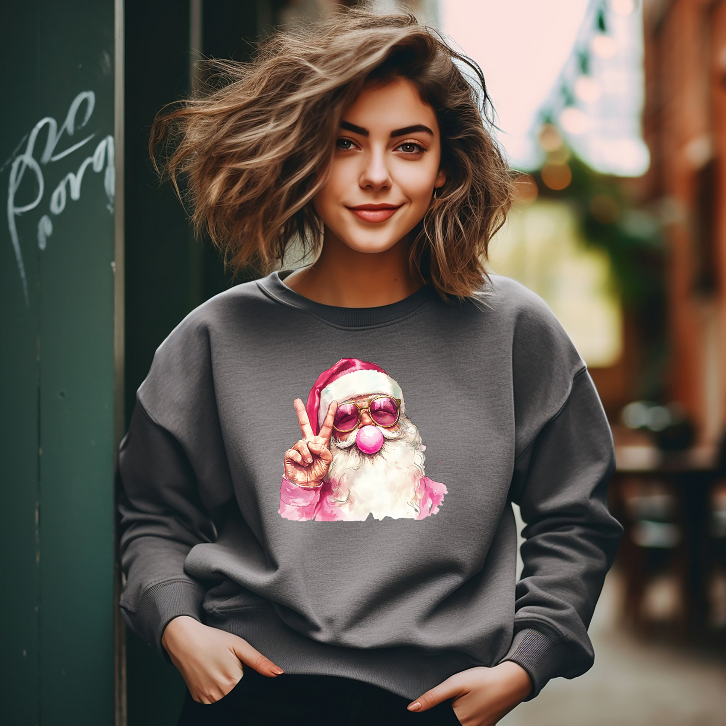 Pink Bubble Gum Santa Sweatshirt - Christmas Sweatshirt - Pink Santa - Woman's sweater