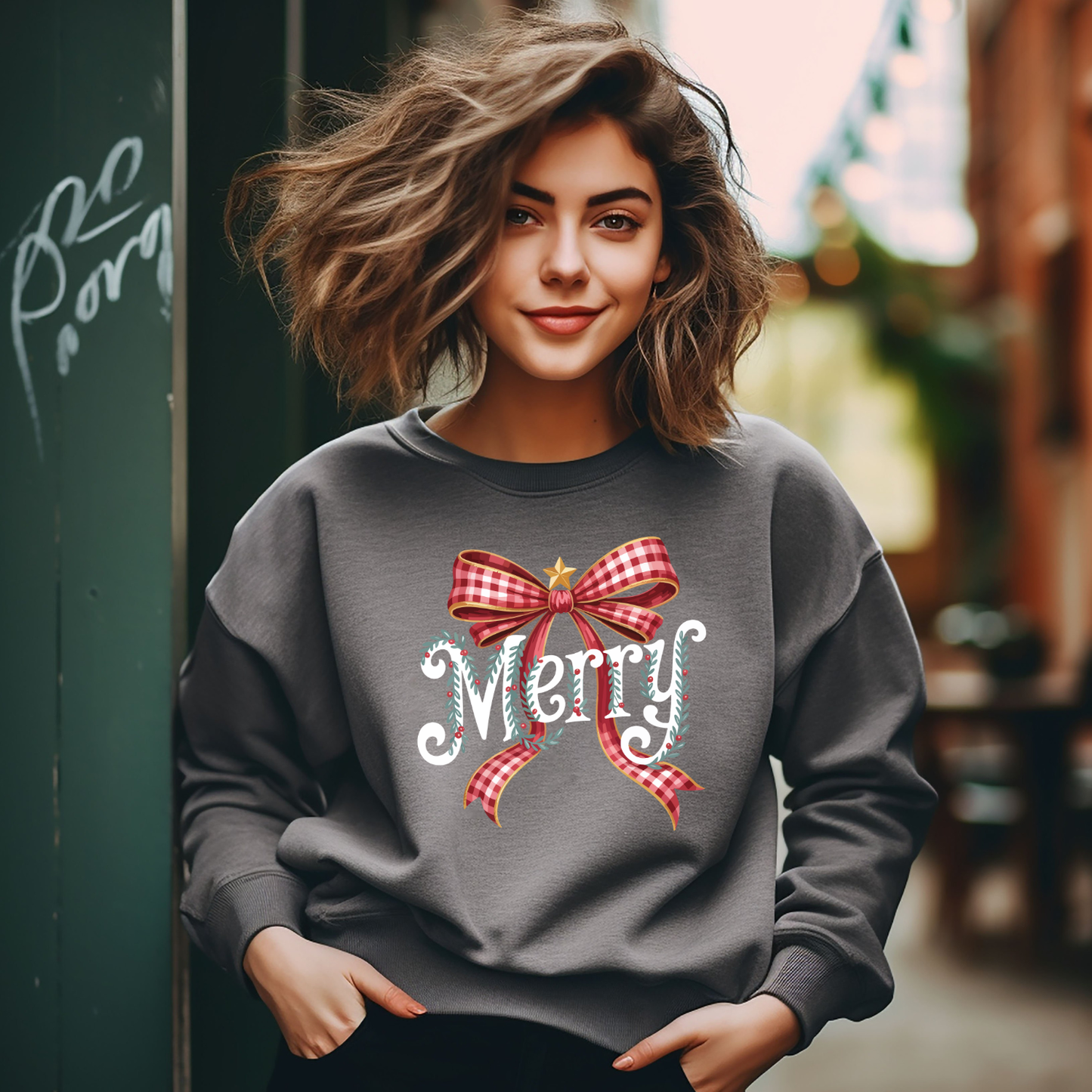 Merry Plaid Bow Christmas Sweatshirt – Cozy Holiday Sweater, Gift for Her, Made to Order | Local Pick Up in West Kelowna