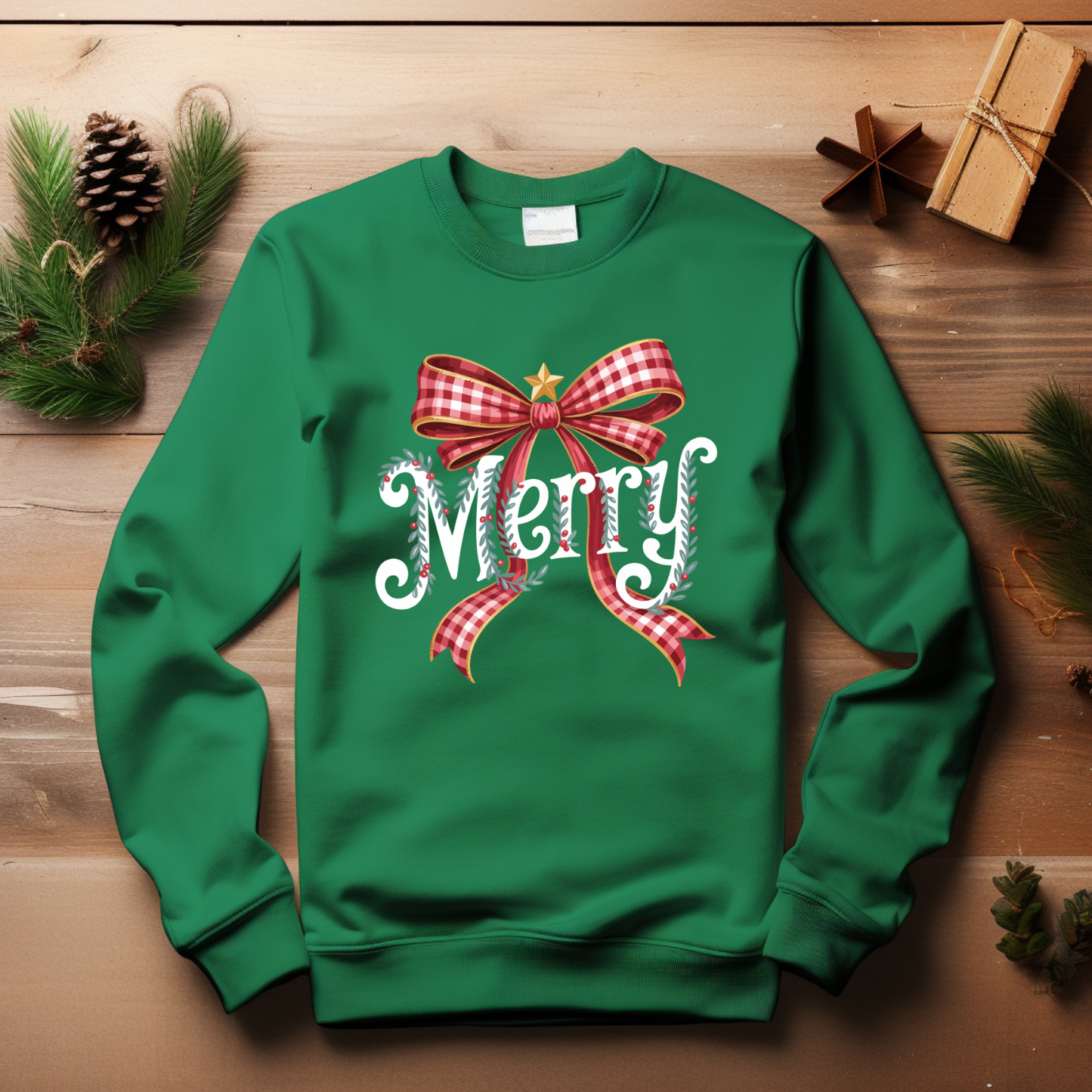 Merry Plaid Bow Christmas Sweatshirt – Cozy Holiday Sweater, Gift for Her, Made to Order | Local Pick Up in West Kelowna