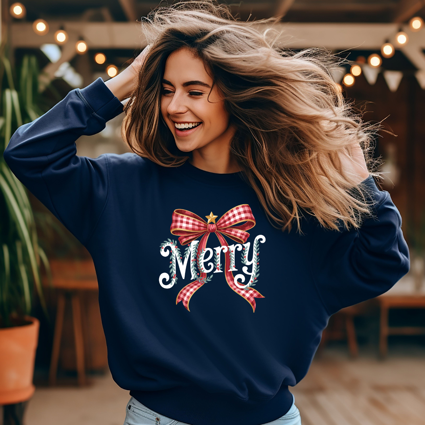 Merry Plaid Bow Christmas Sweatshirt – Cozy Holiday Sweater, Gift for Her, Made to Order | Local Pick Up in West Kelowna