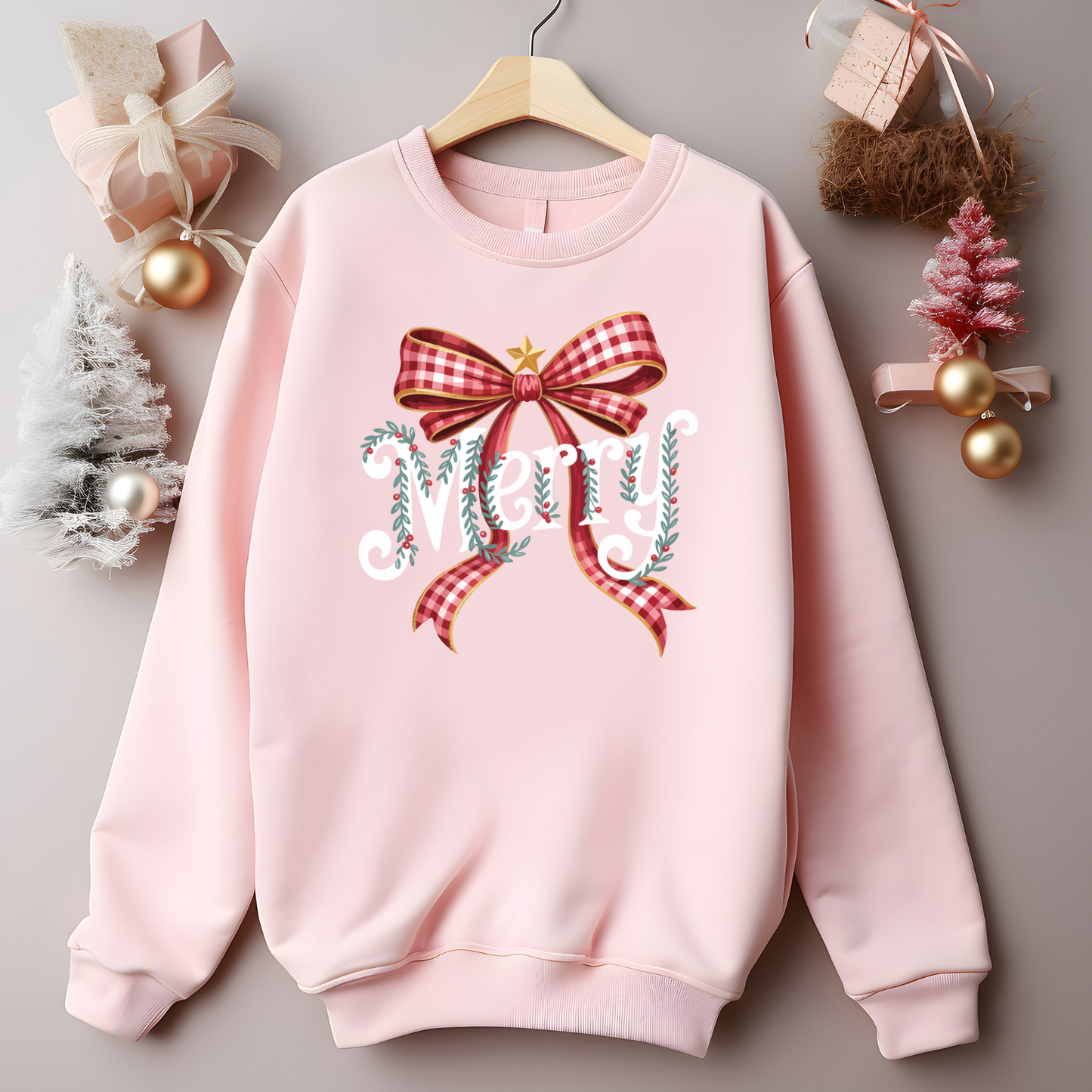 Merry Plaid Bow Christmas Sweatshirt – Cozy Holiday Sweater, Gift for Her, Made to Order | Local Pick Up in West Kelowna