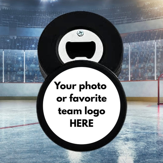 Personalized Hockey Puck Bottle Opener – Custom Design | Coach & Hockey Fan Gift | Real Puck | Magnetic Option