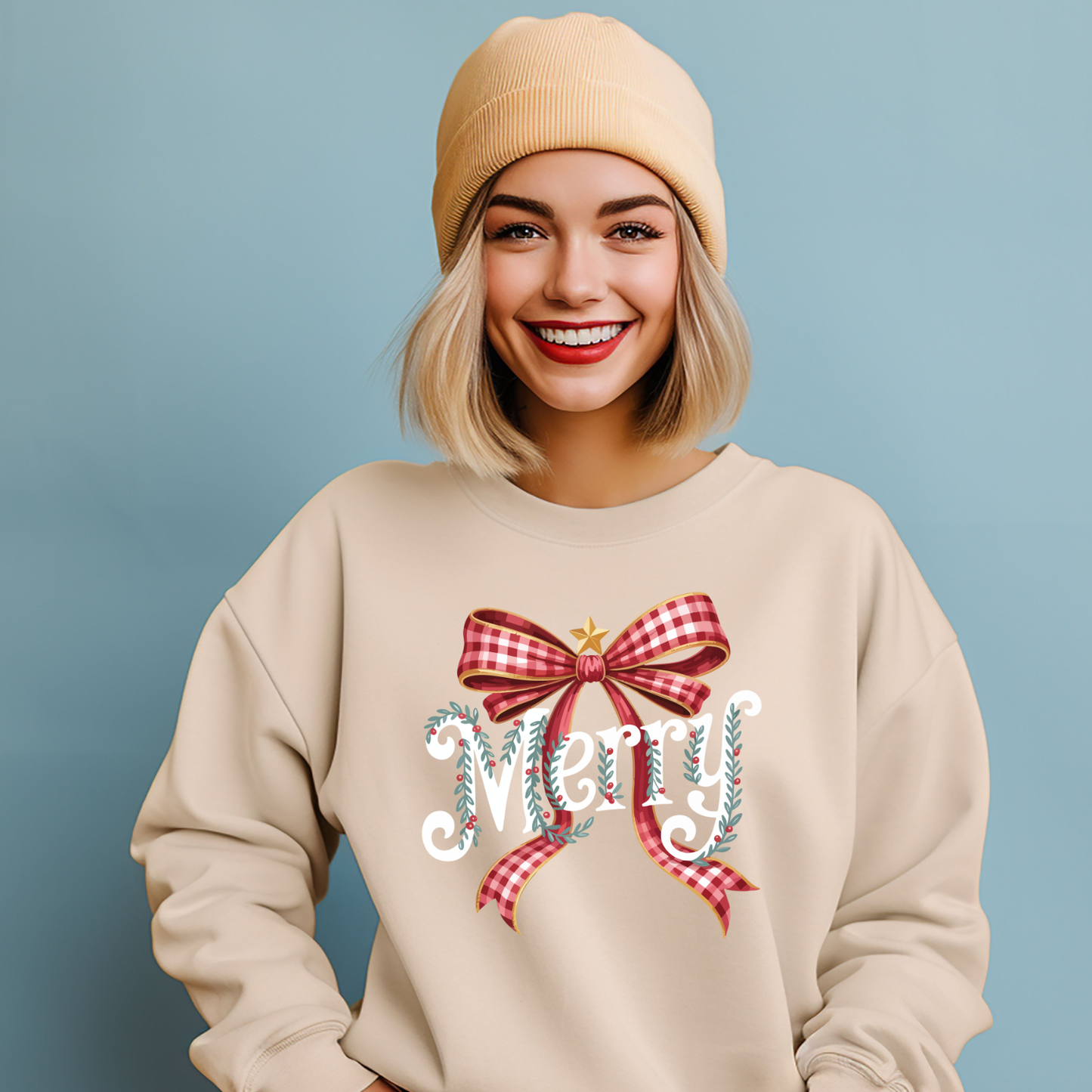 Merry Plaid Bow Christmas Sweatshirt – Cozy Holiday Sweater, Gift for Her, Made to Order | Local Pick Up in West Kelowna